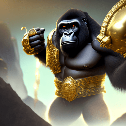 AI generated: Photo of a Gorilla warrior with gold bracelet in his hand, ultra-realistic, spectacular light, cinem...