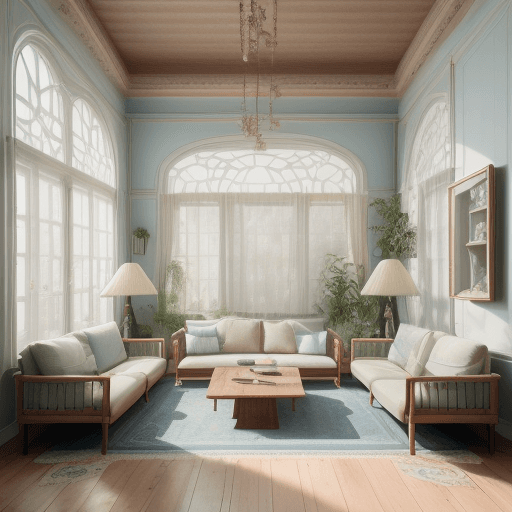 AI generated: High resolution photography interior design, dreamy sunken living room conversation pit, wooden floo...