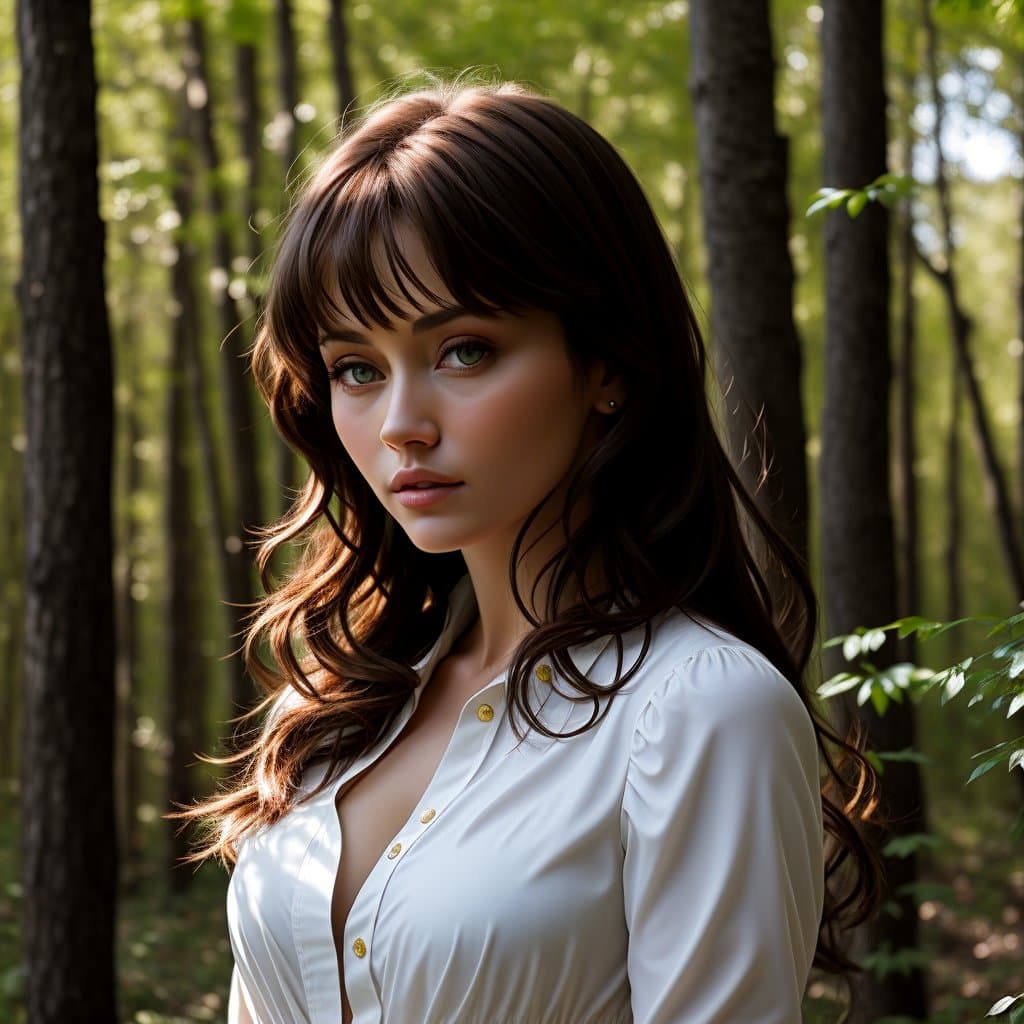 AI generated: georgeous female dressed like Olga Kurylenko, long dark hair, green eyes, opened white blouse, sunny...
