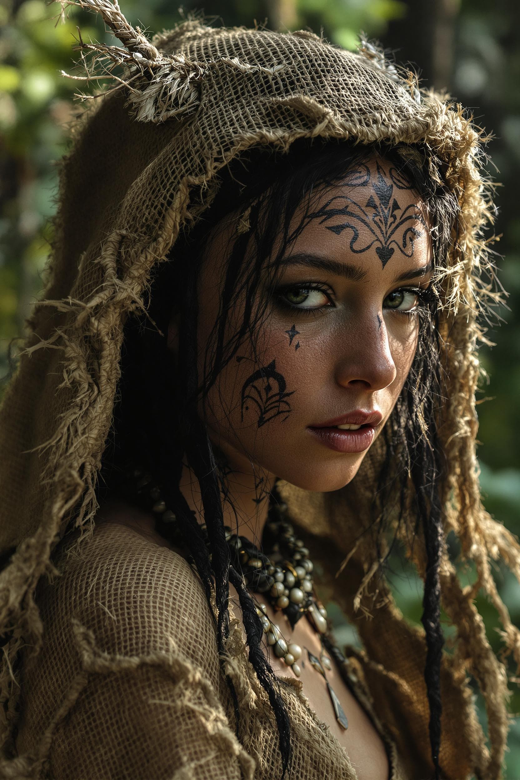 AI generated: 25 year old slender girl, photo of a seductive Ciguapa shaman, hyper detail, intimate facial express...