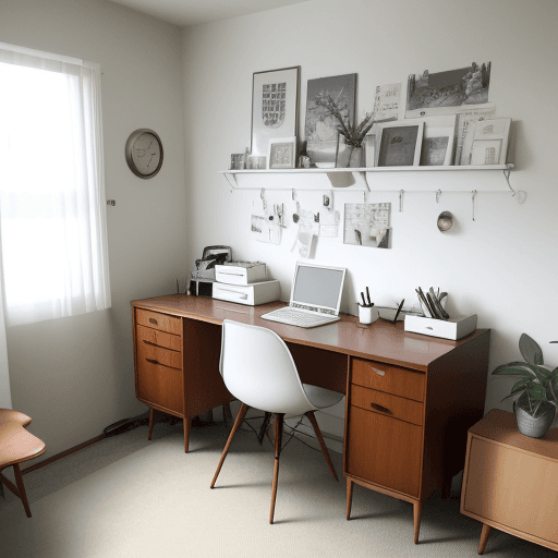 AI generated: photograph, home office, mid-century, cloudy, creating a warm white and inviting atmosphere, such as...