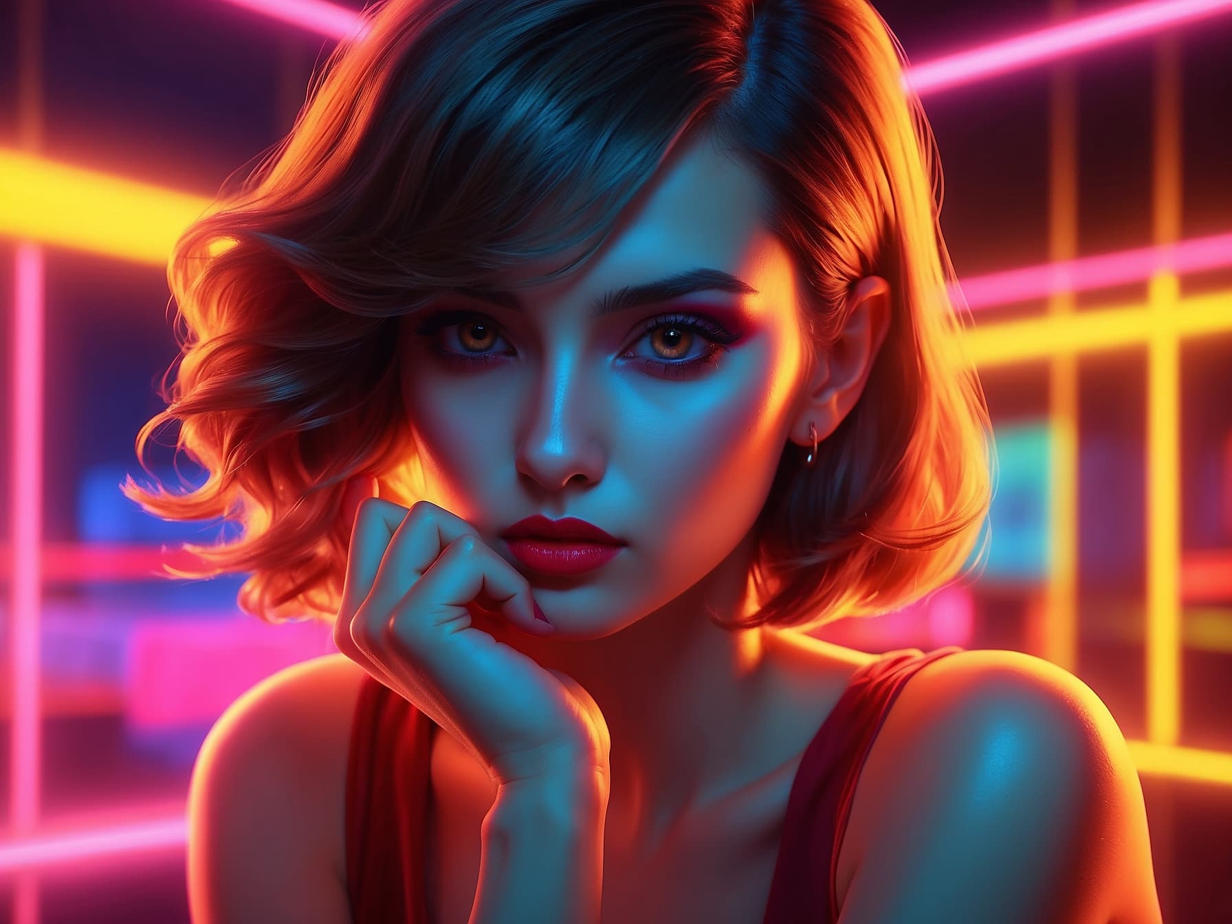 AI generated: a woman in a dark room with neon lights, a digital painting by Jan Tengnagel, featured on cgsociety,...