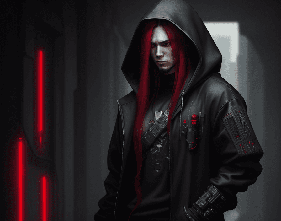 AI generated: Cyberpunk, Heavy Pistol, stylish, hooded, dark clothes, chinesse, red long hair, male, kapiszon, hig...