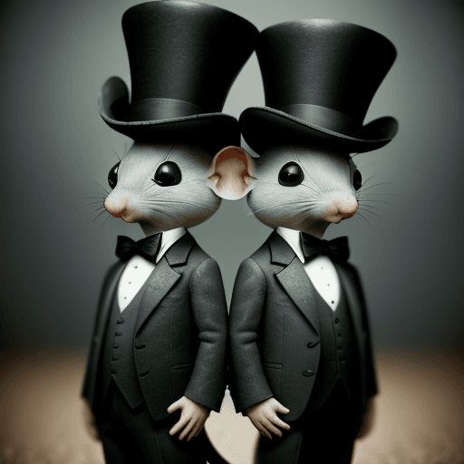 AI generated: cinematic film still award winning photo two cute grey mice, rust, epic, wearing black suites, top h...