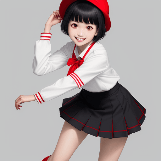 AI generated: Photograph, f/5, very short black hair with choppy bangs, Japanese smiling thin girl wearing red ski...