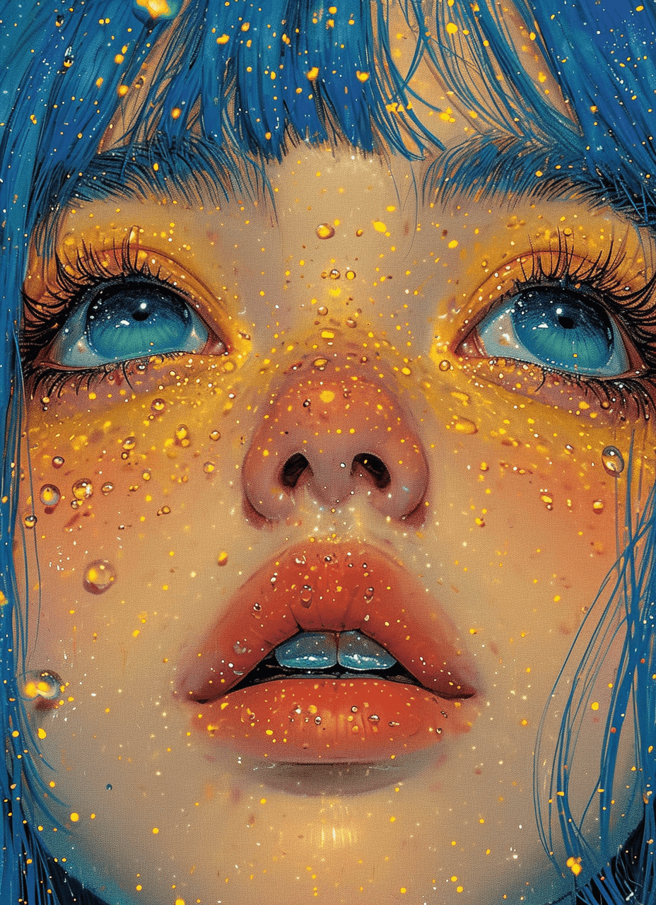 AI generated: illustration of a girl with blue hair, art print, in the style of dark yellow and light azure, water...