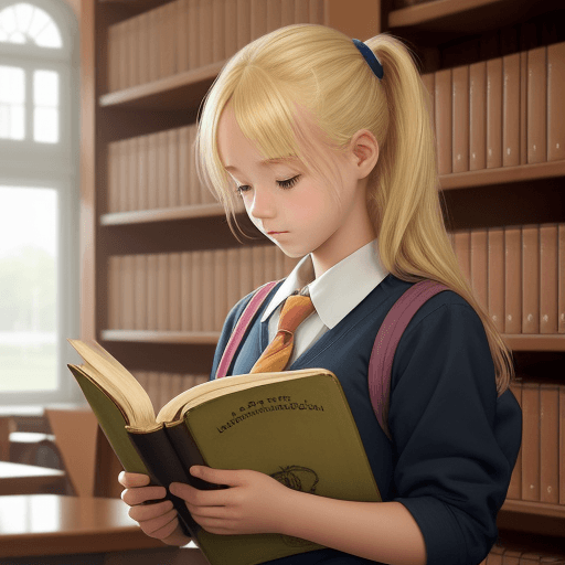AI generated: a girl with blond hair tie  up ,clothed in school uniforms, reading a old thick book ,in library