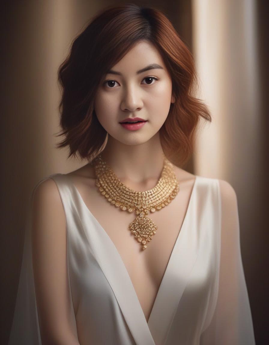 AI generated: NSFW, a pale skinned woman with short auburn hair, perky breasts, perfect nipples, wearing elegant j...