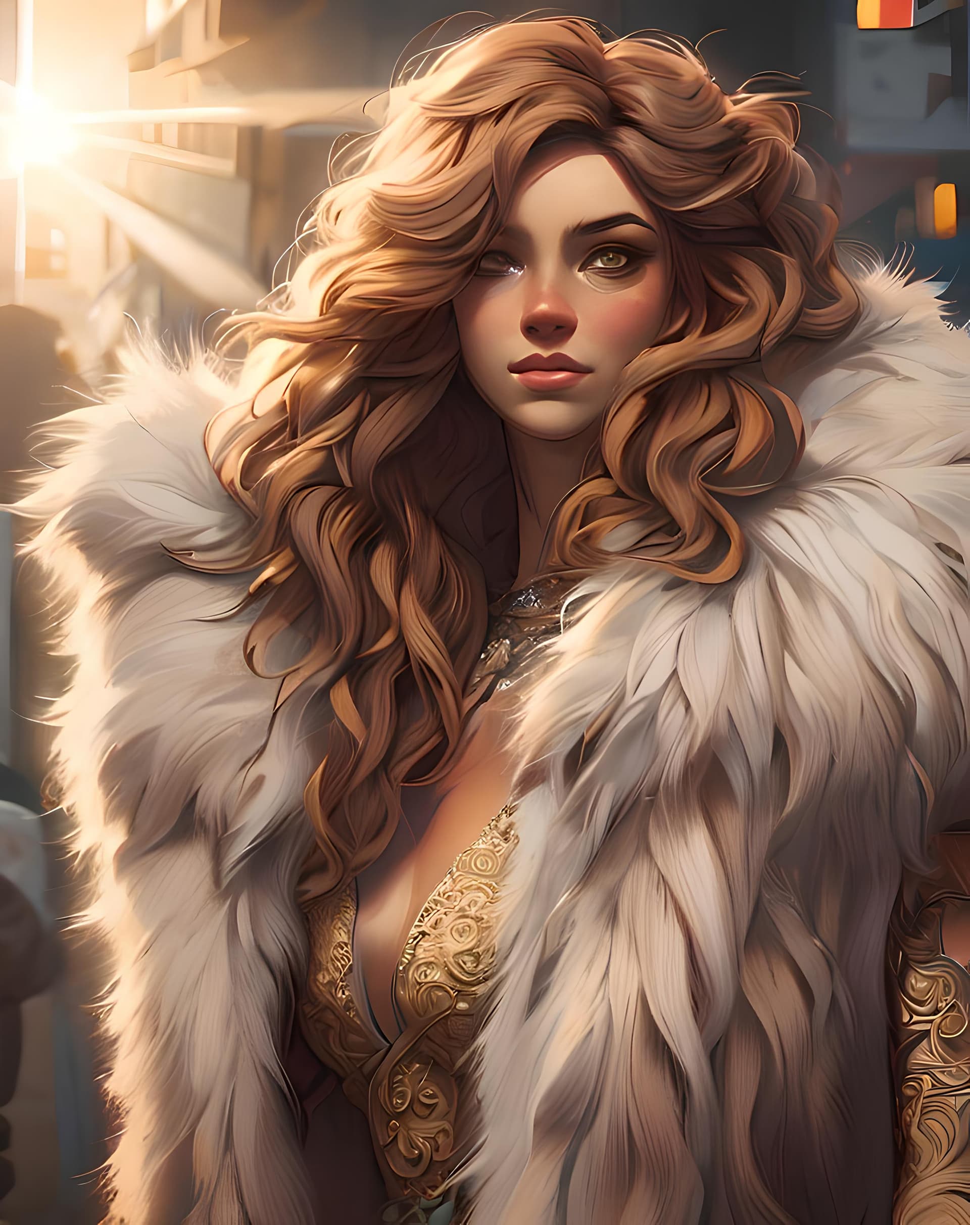 AI generated: a woman with long blonde hair wearing a fur coat, digital art, fantasy art, very very long blond cur...
