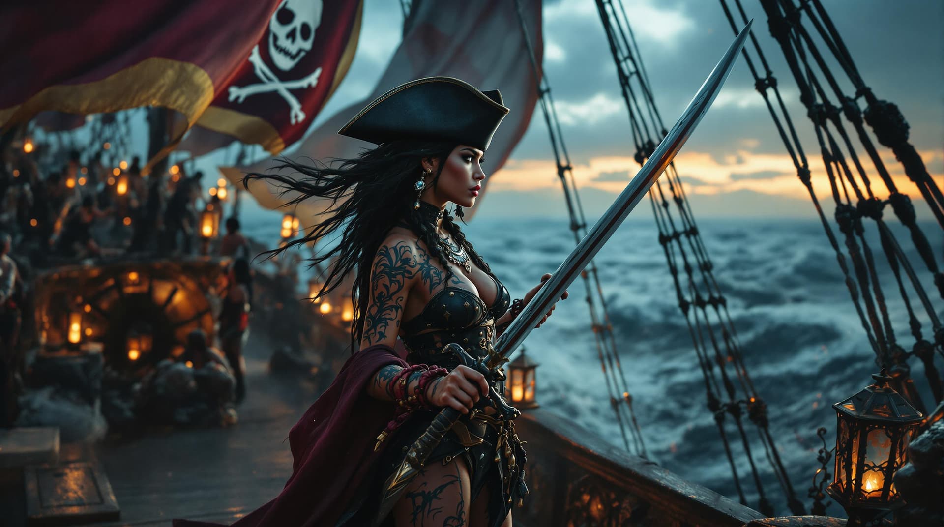 AI generated: a cinematic wide shot of A commanding Native Caribbean Female pirate captain standing tall holding a...