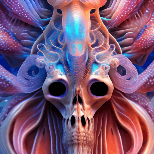 AI generated: Goddess close-up portrait ribcagel. jellyfish phoenix head, nautilus, orchid, skull, betta fish, bio...