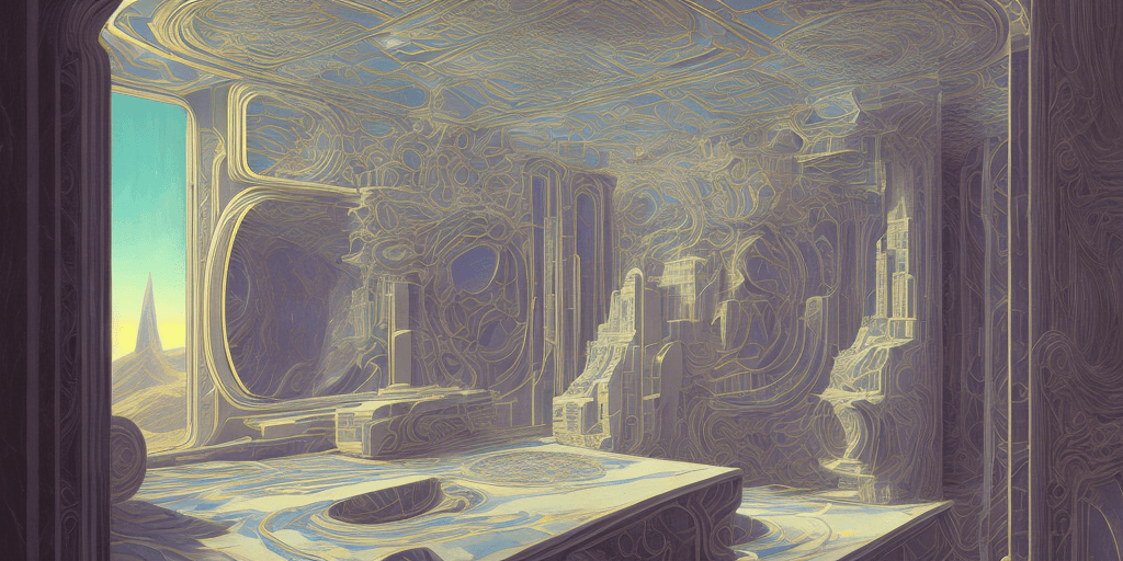 AI generated: a 3d detailed painting inspired by moebius of a 4d mirror cabinet. inspired by technology. science f...