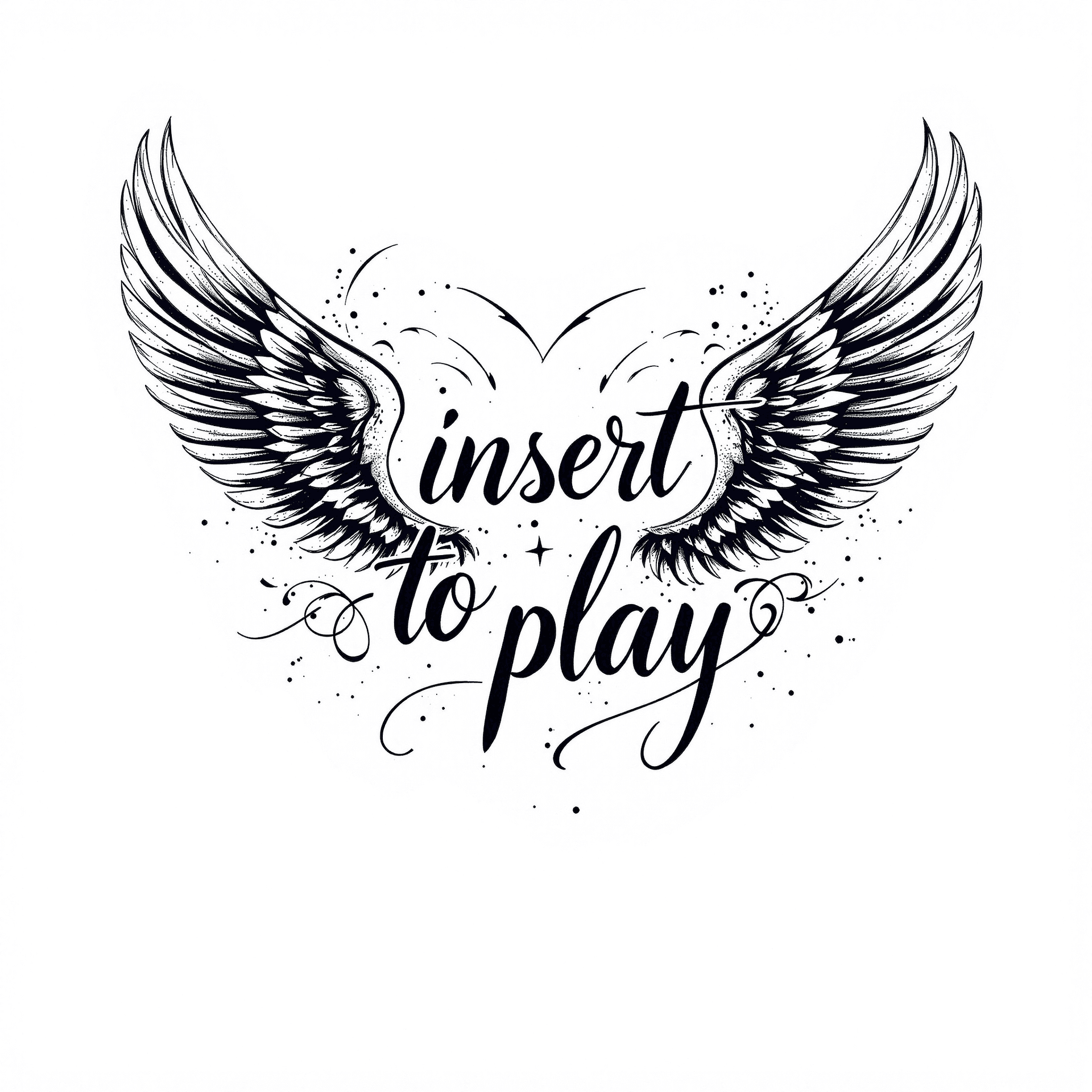 AI generated: a twirl tattoo design template with the text "insert to play" and wings on a white background