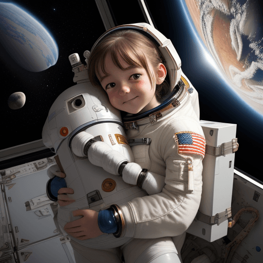 AI generated:  an astronaut girl and her small robot friend 
hugging insde a space station
 
