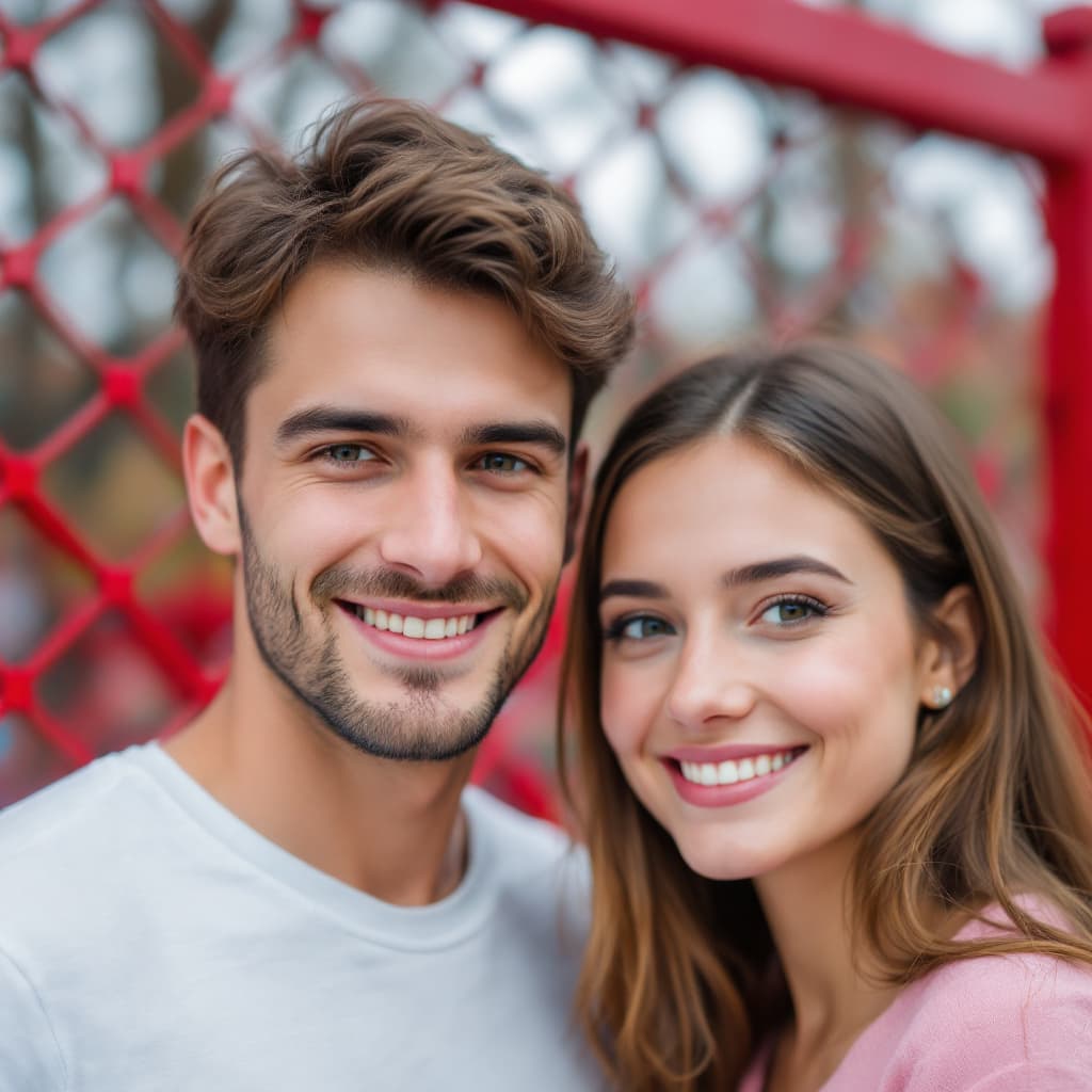 AI generated: A young man and woman pose for a photo in front of a red metal fence. The man is wearing a white shi...