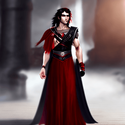 AI generated: A beautiful gladiator youth man with a sword with red eyes and black hair, white skin, with a woman ...
