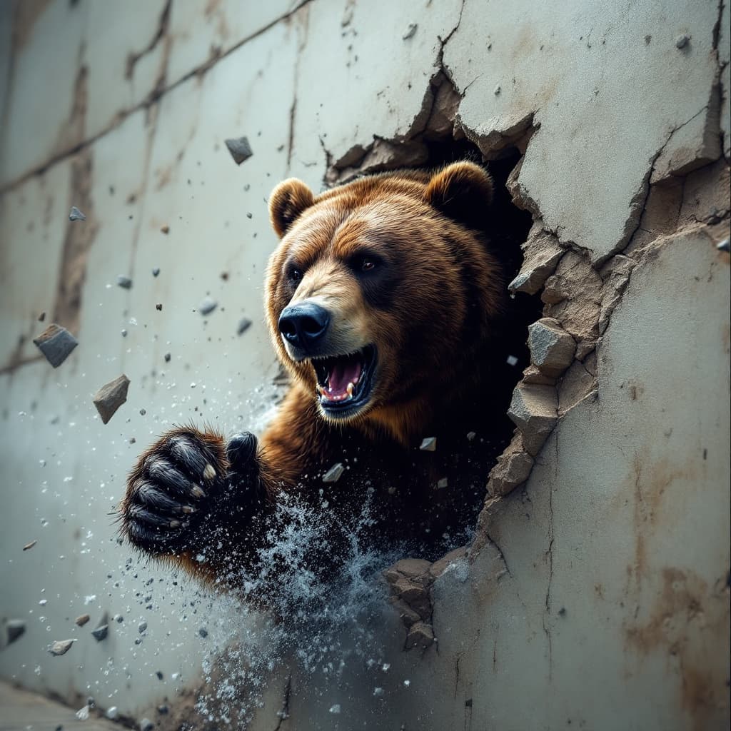 AI generated: AI art captures a powerful break out effect, where the bear dramatically breaches the wall, conveyin...