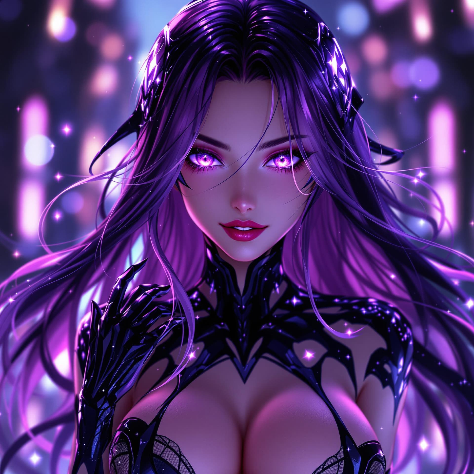 AI generated: A stunning anime-style portrait of a seductive young female character with long, flowing violet-tint...