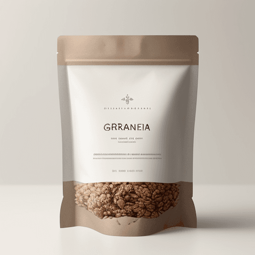 AI generated: A hyper-realistic, aesthetic image capturing a single package of granola. The package is elegantly d...