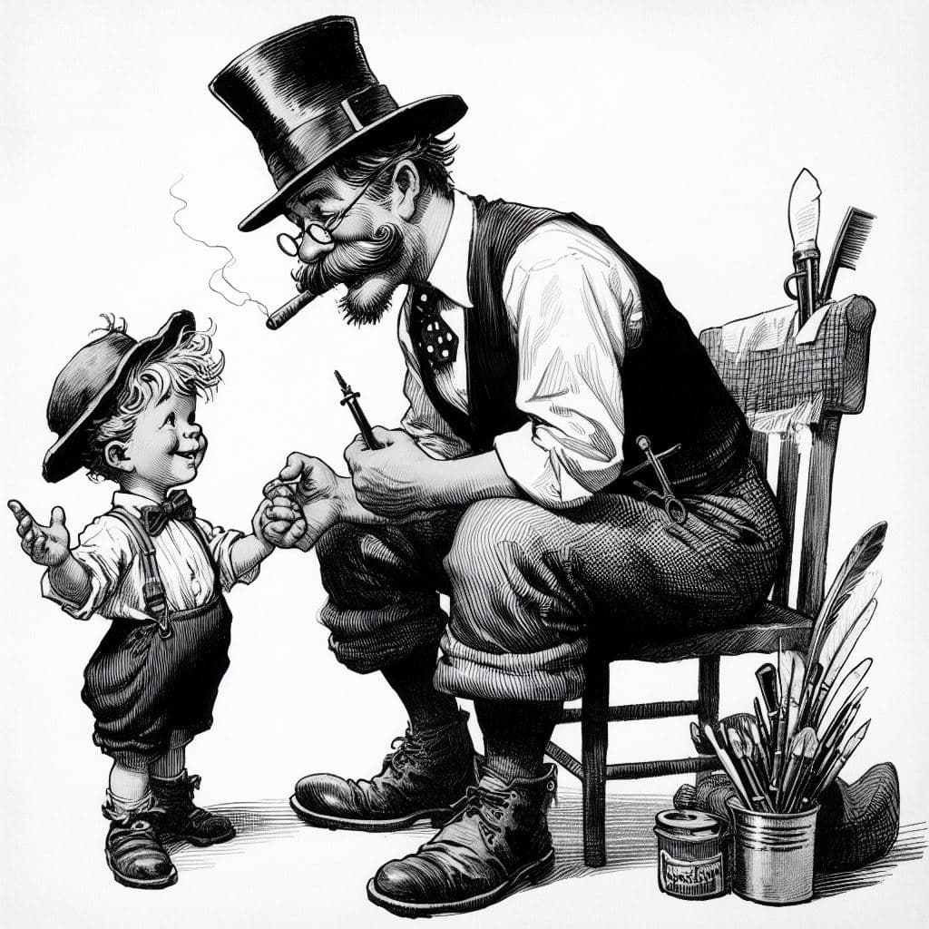 AI generated: Germany 1920s, "Father and son", cartoon drawing in the style of E.O.Plauen and Wilhelm Busch