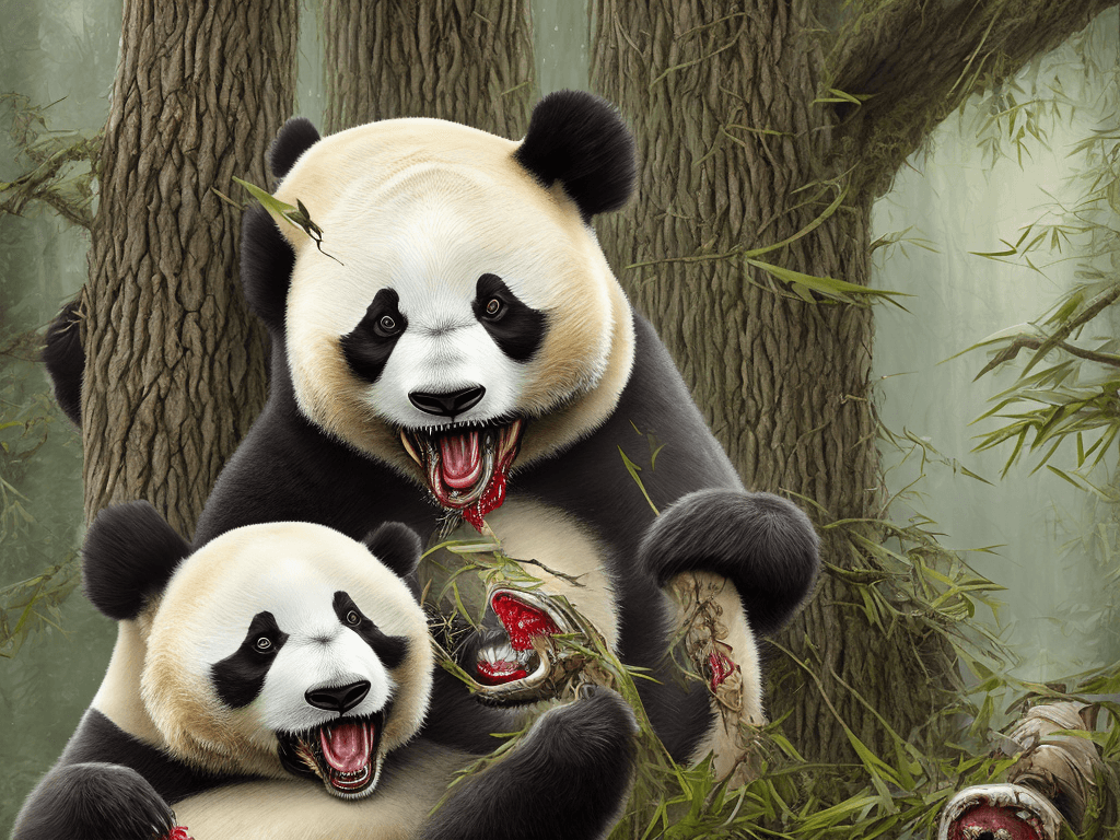 AI generated: Killer panda with red eyes, with a venom-like mouth structure, licking the blood of the dead from it...