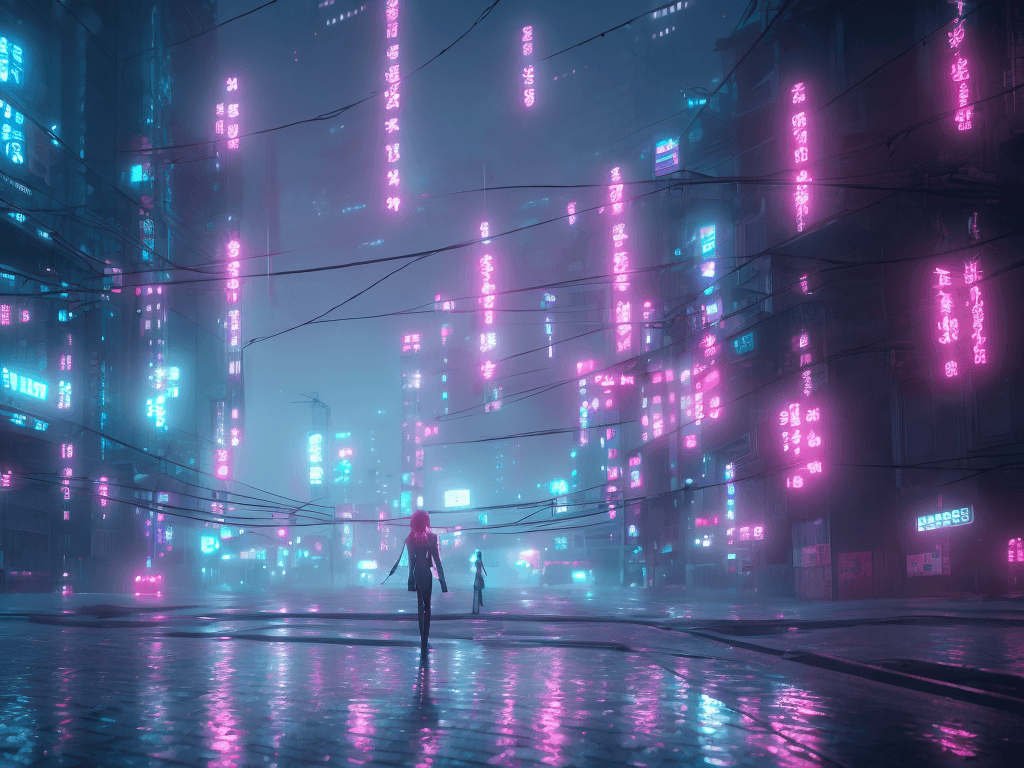 AI generated: necromance girl, rainy foggy cyberpunk city neo tokyo, cinematic lighting, reflections, 4k, hyperrea...