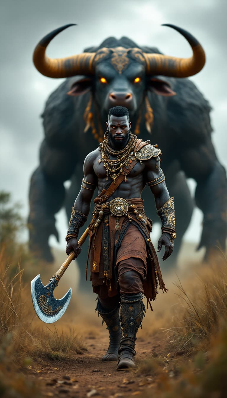 AI generated: An ultra-realistic, wide angle, front facing, full-body portrait of a skilled African Beastmaster, d...