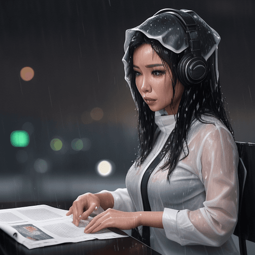 AI generated: a female TV newsreader, beautiful, Indonesian, caught in the rain and her clothes soaked, is sitting...