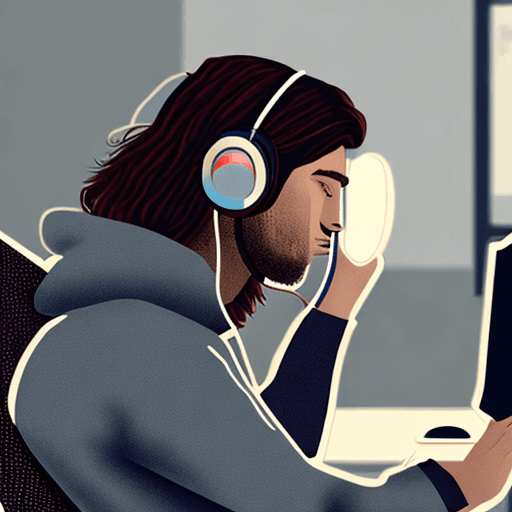 AI generated: guy, on gaming chair, wearing headphones, hoodie,  long hair, facing computer, side view, minimalist...