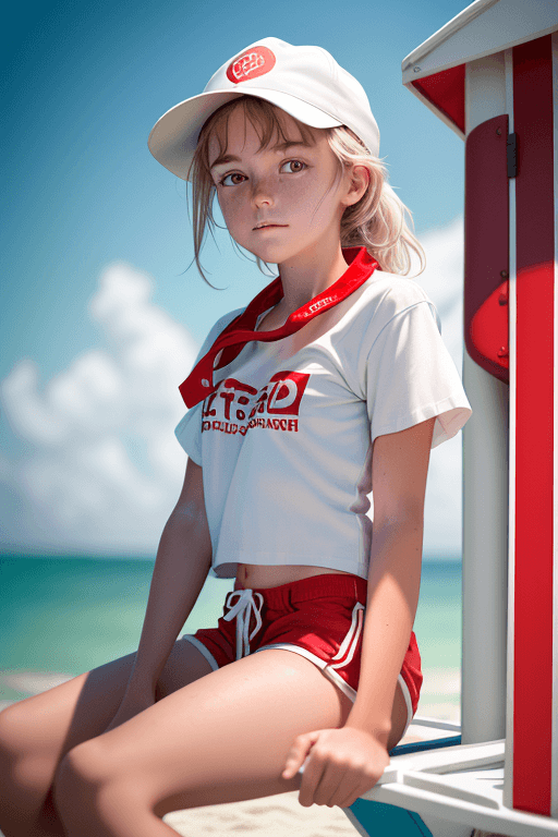 AI generated: 1girl, a girl as a lifeguard, sitting in the sun on a white lifeguard tower, plain white shirt, red ...