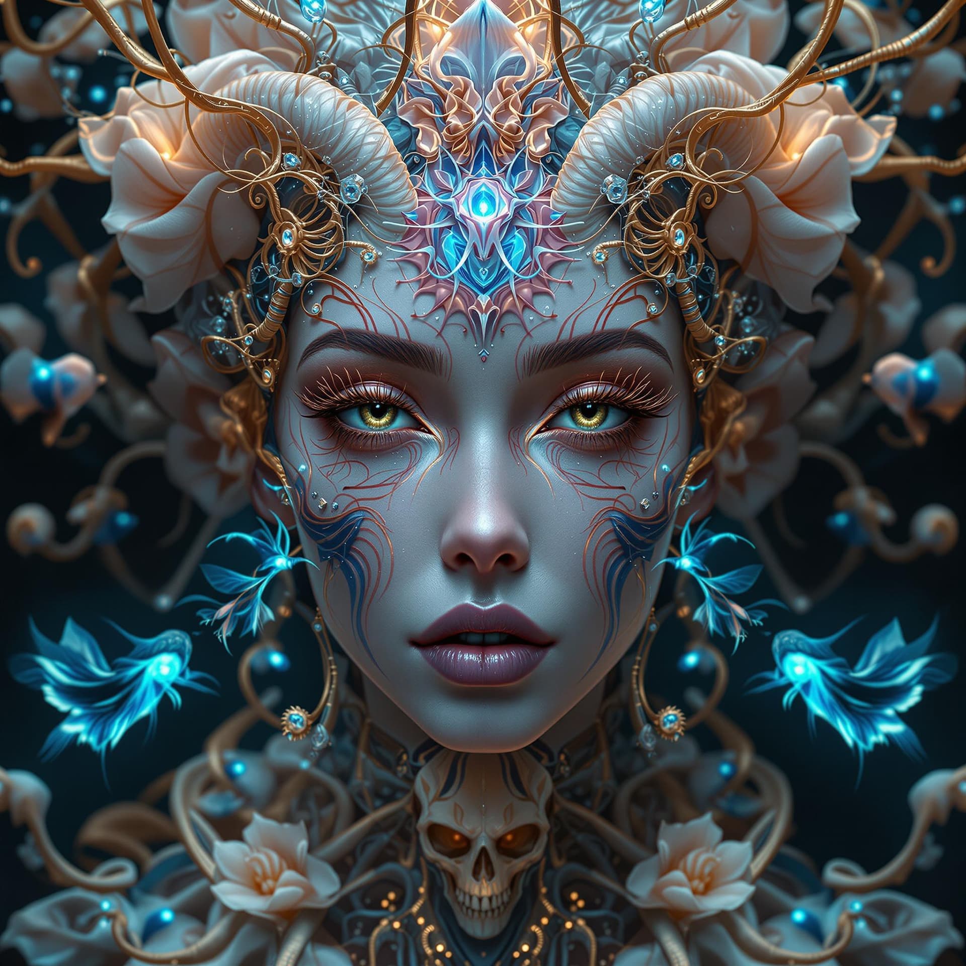AI generated: Goddess close-up portrait ribcagel. jellyfish phoenix head, nautilus, orchid, skull, betta fish, bio...
