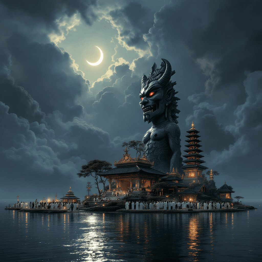 AI generated: Create image an ultrarealistic, highly detailed digital painting of a Nyepi celebration scene at day...