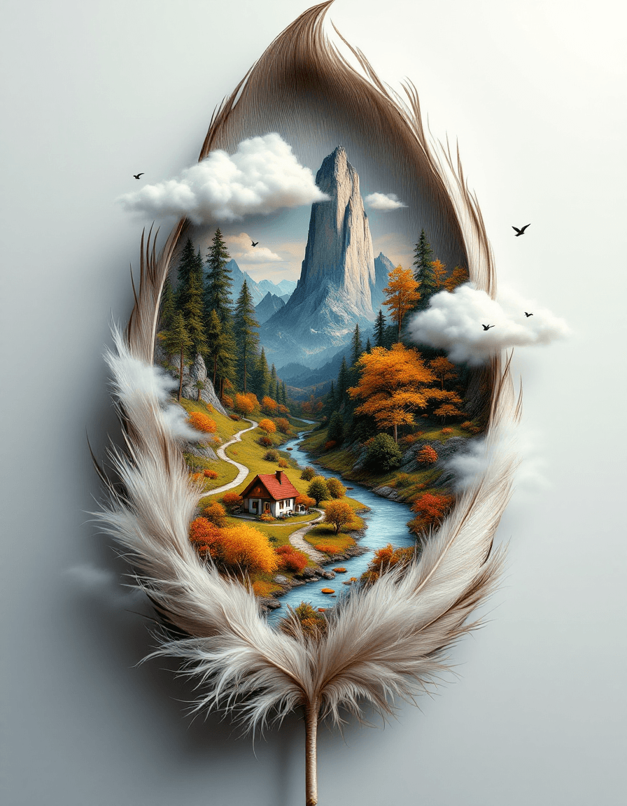 AI generated: A surreal and whimsical composition of a large, detailed feather containing an entire miniature land...