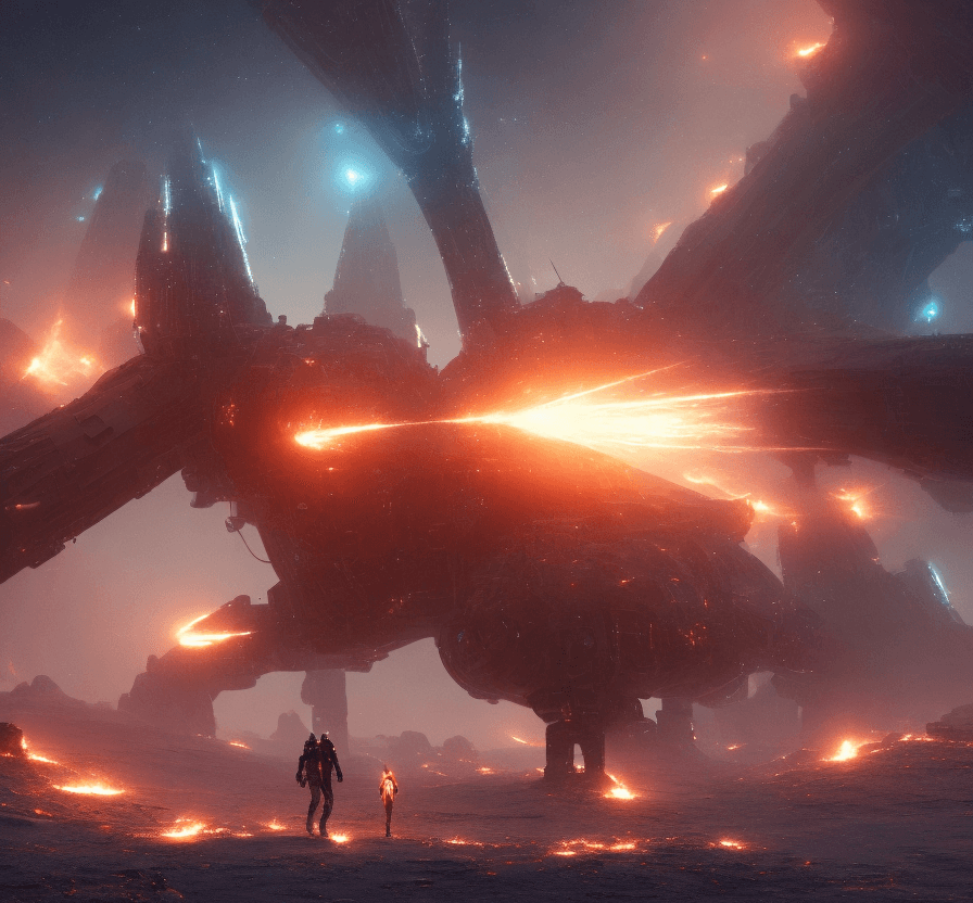 AI generated: 2  iron Mech are walking thru a fire on a desert snowy planet . Electric sparks. s. 8k, intricate de...