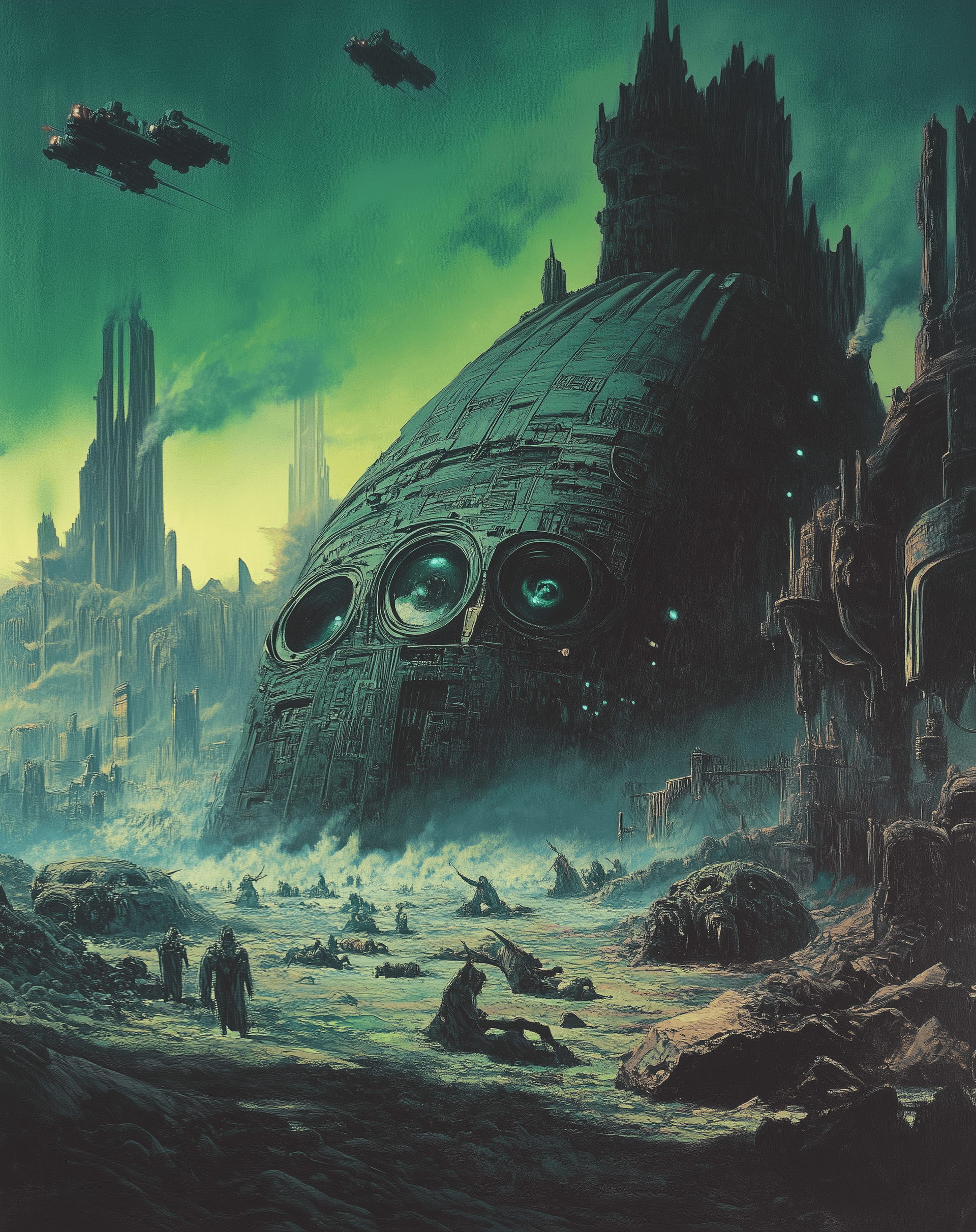 AI generated: A massive robot with numerous eyes lies on the ground, surrounded by people and flying vehicles in a...