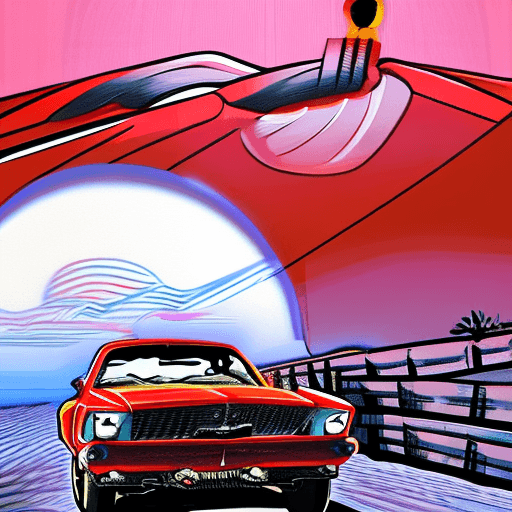 AI generated: A retro color comic style poster of a post apocalyptic dystopia, of a mustang style muscle car, extr...