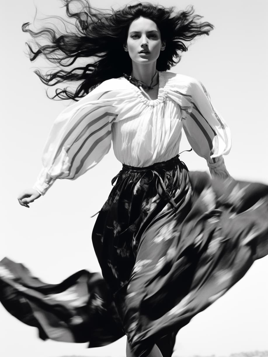 AI generated: a black and white photo of a woman running, by Richard Avedon, bloom. high fantasy, monia merlo, 197...