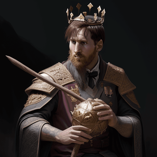 AI generated: Lionel Messi with a majestic crown, ride a broomstick like harry potter, D&D, fantasy, intricate, el...