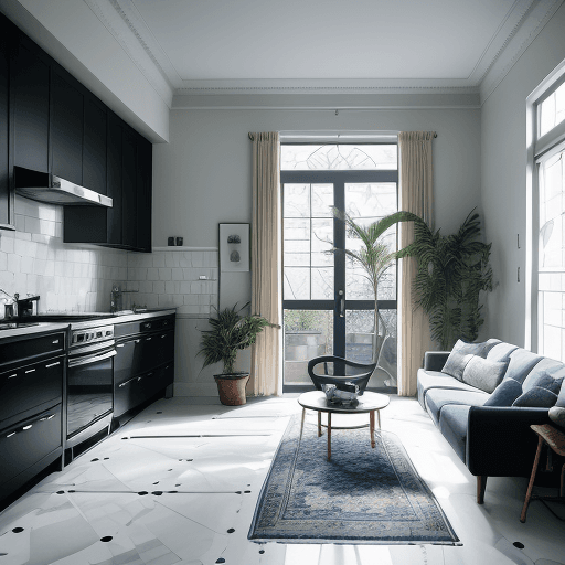 AI generated: hyper realistic interior design photo of a living room joined in with a kitchen. canon e05, photogra...