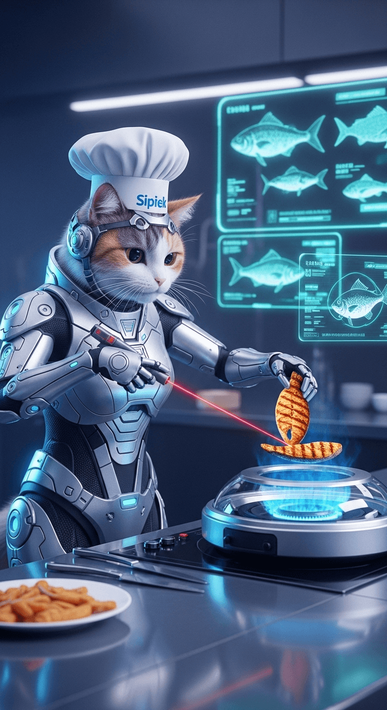 AI generated: A cat in a silver futuristic cybernetic suit with a chef's hat is frying a grilled fish meat that fl...