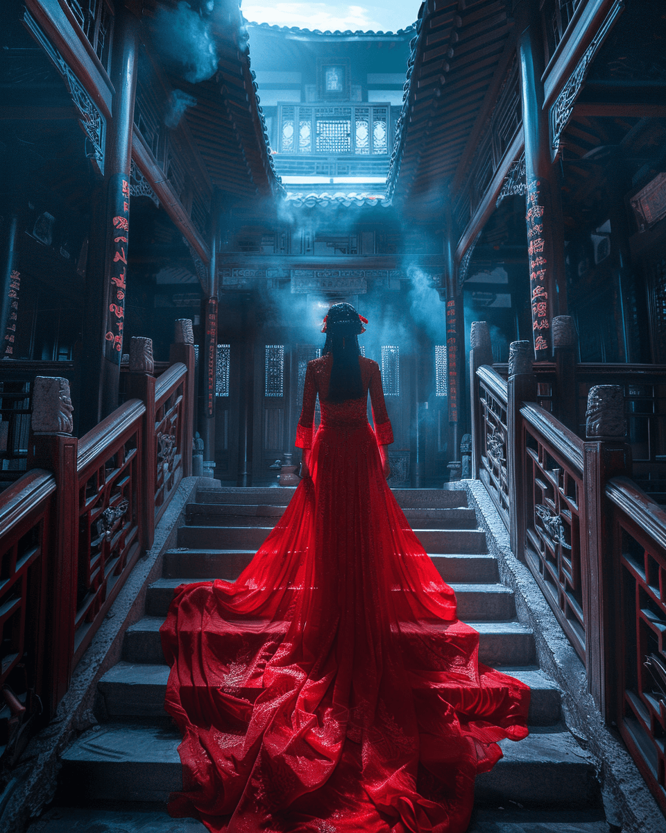 AI generated: A red clothed girl in an ancient Chinese style room, with dark tones and movie lighting effects. The...