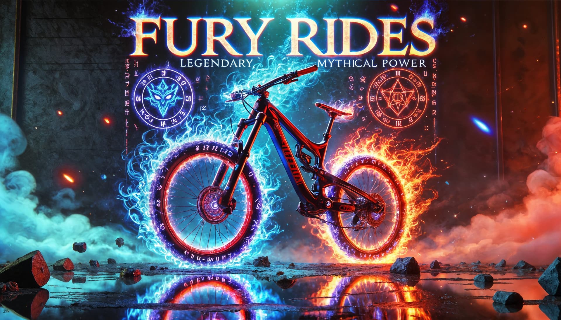 AI generated: A furious anime style red-blazing mountain bike, dominating the surroundings with it's ethereal velv...