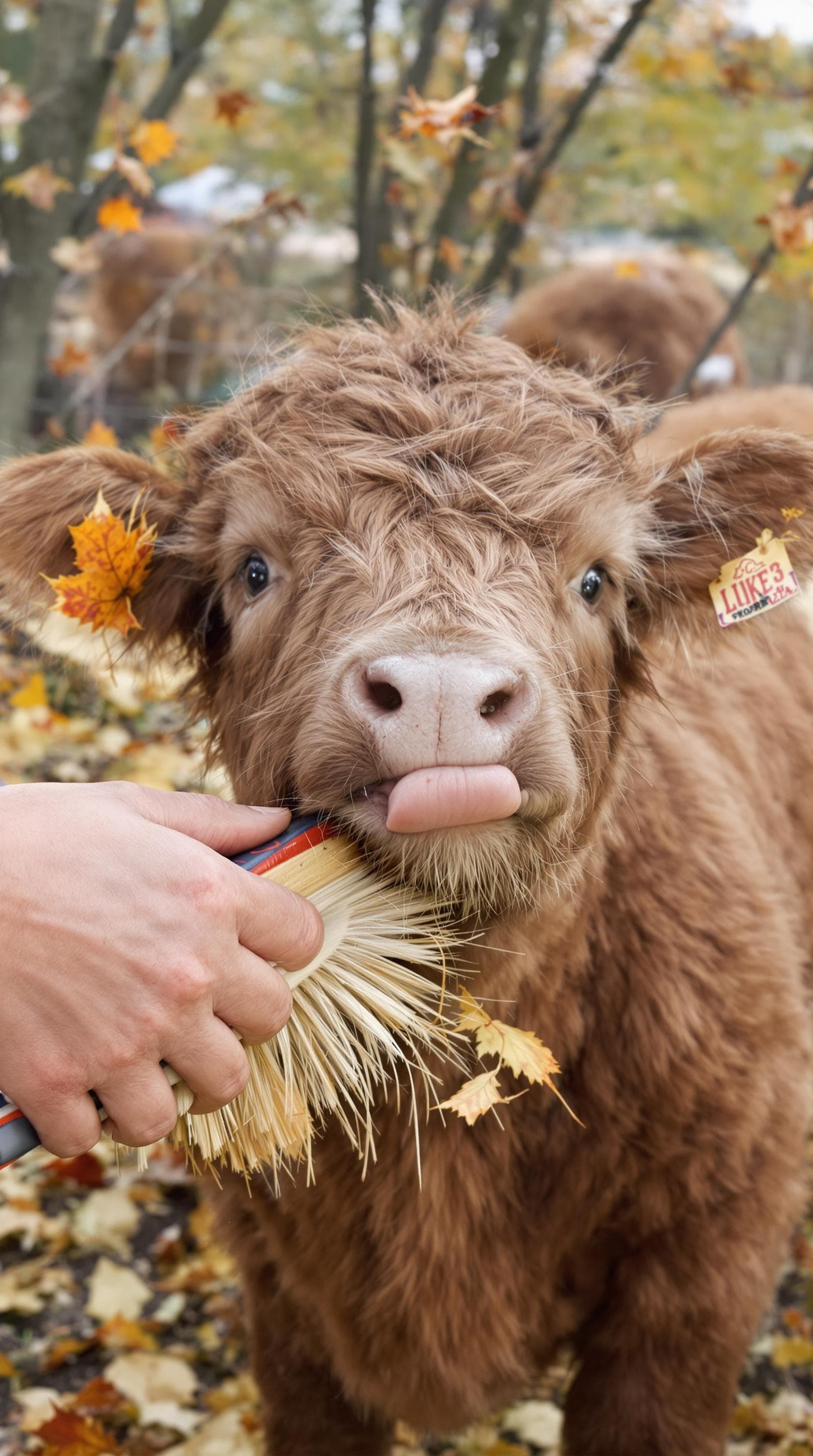 AI generated: A highland cow calf with extra fluffy fur getting its first grooming session with a brush, visible e...