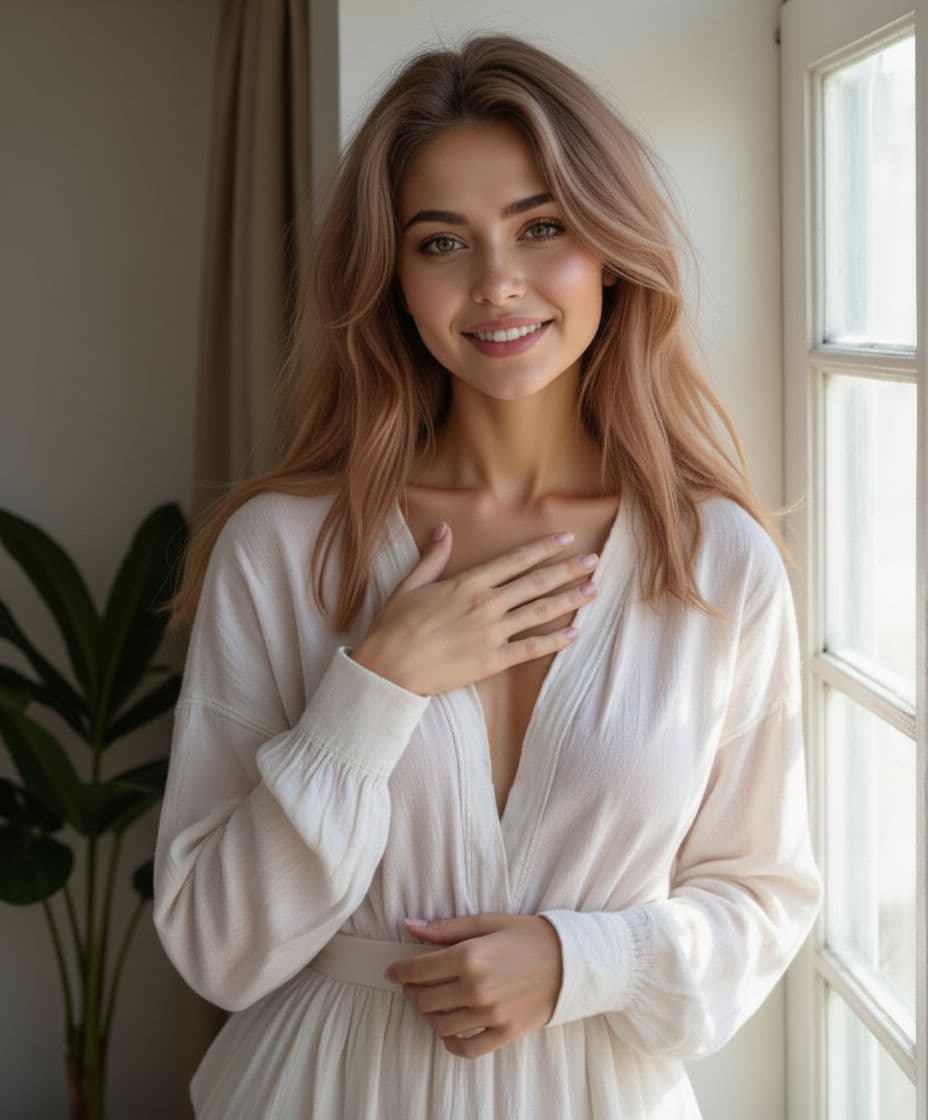 AI generated: smiling and moving hand on chest