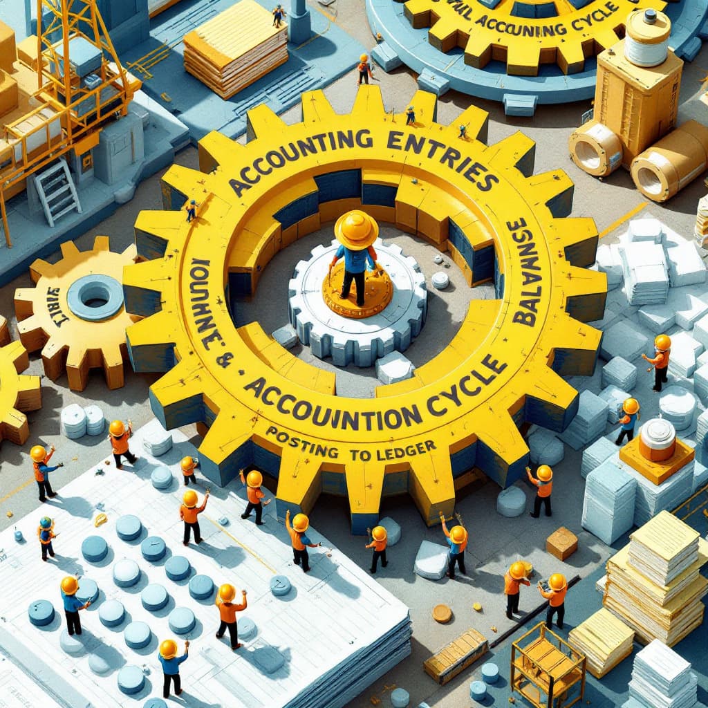 AI generated: Constructing the Accounting Cycle Factory**  
Tiny workers in hard hats are assembling giant cogwhee...