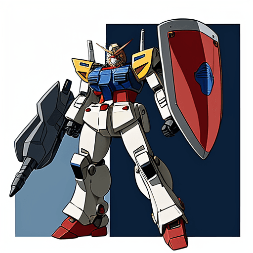 AI generated: illustration of RX-78-2 Gundam, with shield and weapon, in the style of Kunio Okawara, anime, Mobile...