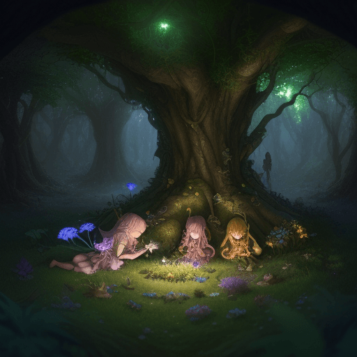 AI generated: close up of fairys and goblins sleeping in a fantasy oak forest, lights shines throught the gaps bet...