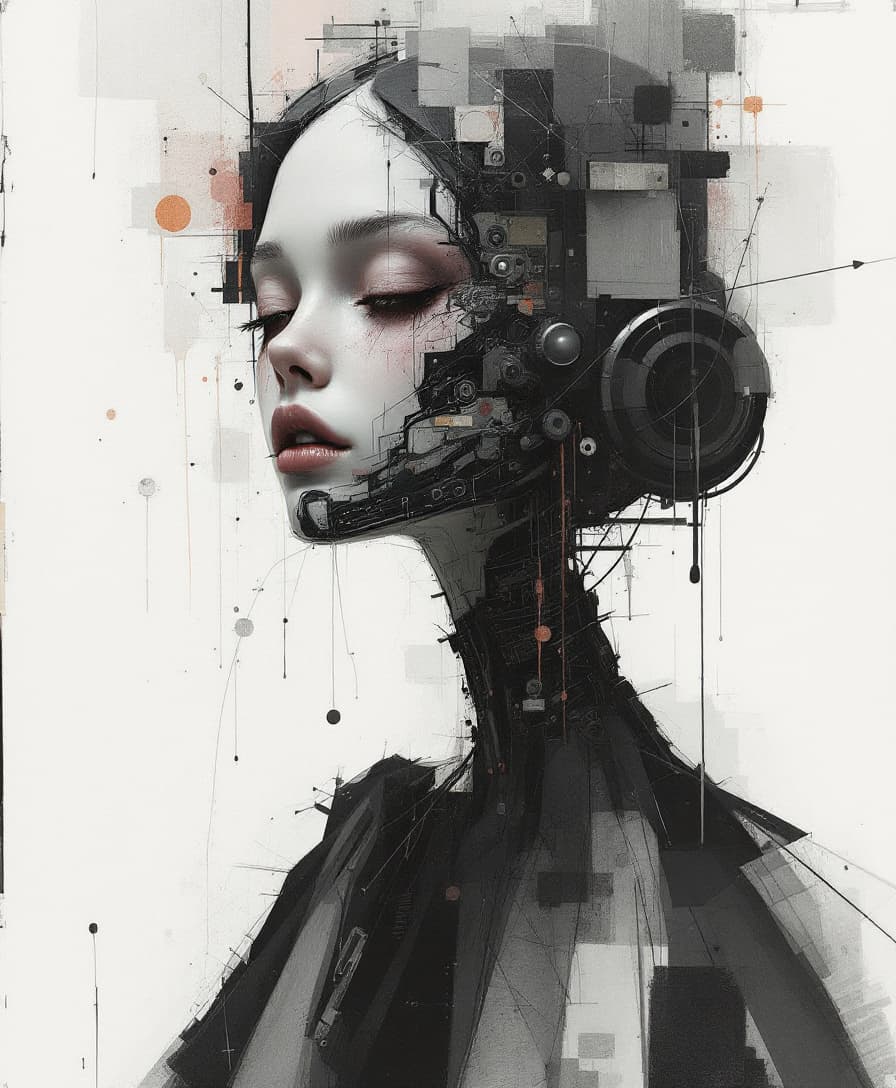 AI generated: Mixed media artwork + Emotional cyborg girl + Elegant dress + Skin lesions as a storytelling element...