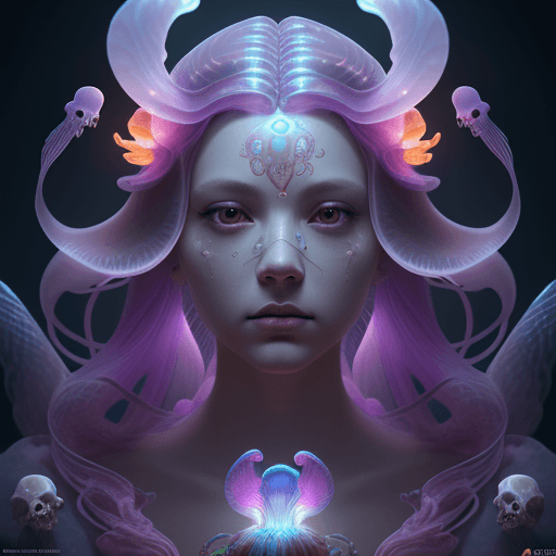AI generated: Goddess close-up portrait ribcagel. jellyfish phoenix head, nautilus, orchid, skull, betta fish, bio...