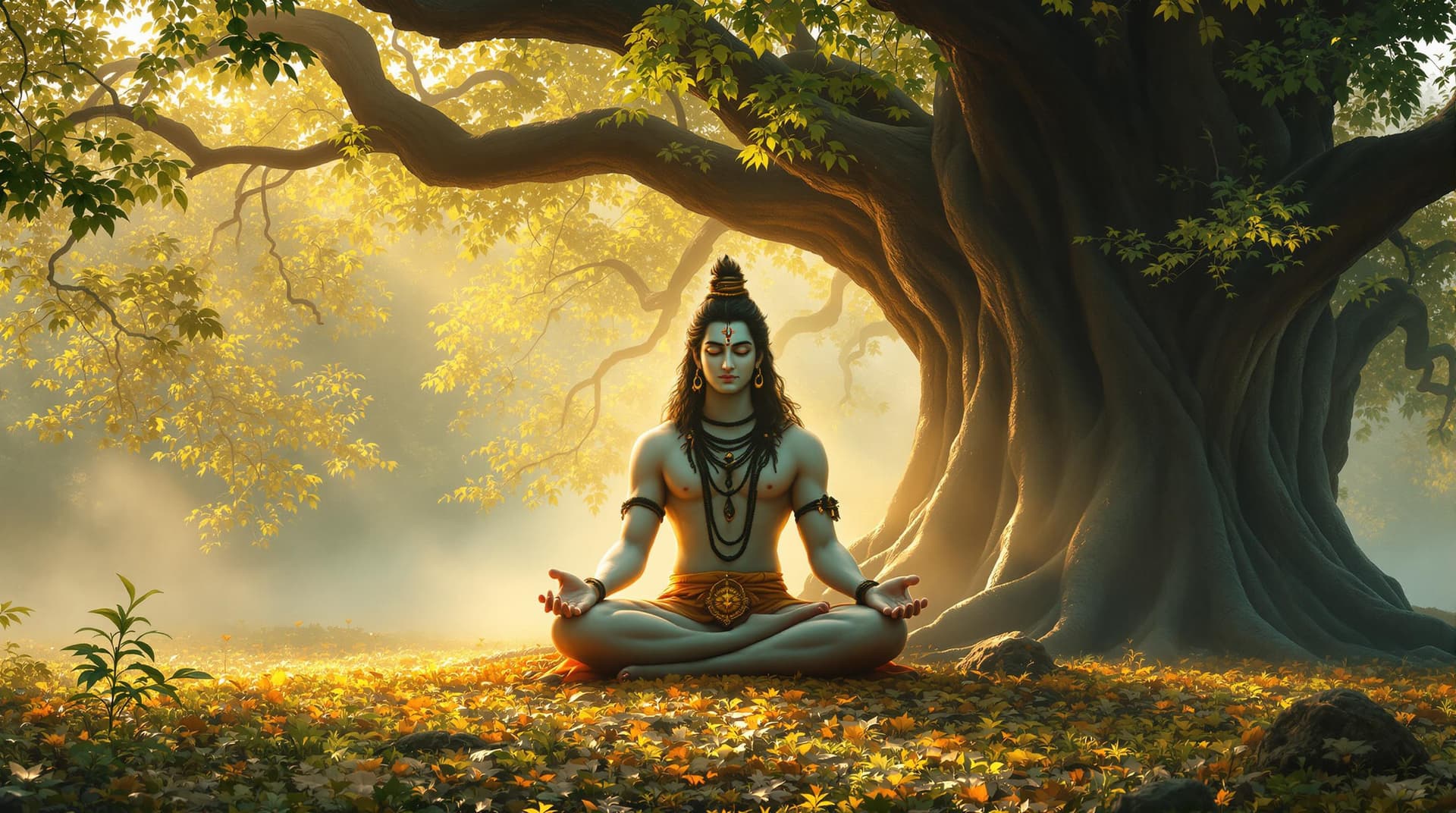 AI generated: "Depict Lord Shiva seated in deep meditation beneath a massive, ancient banyan tree, its leaves shim...